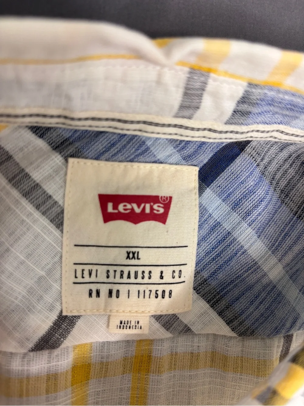 Levi's XXL Plaid Short Sleeve Button Front Shirt NWT Blue Yellow White Americana